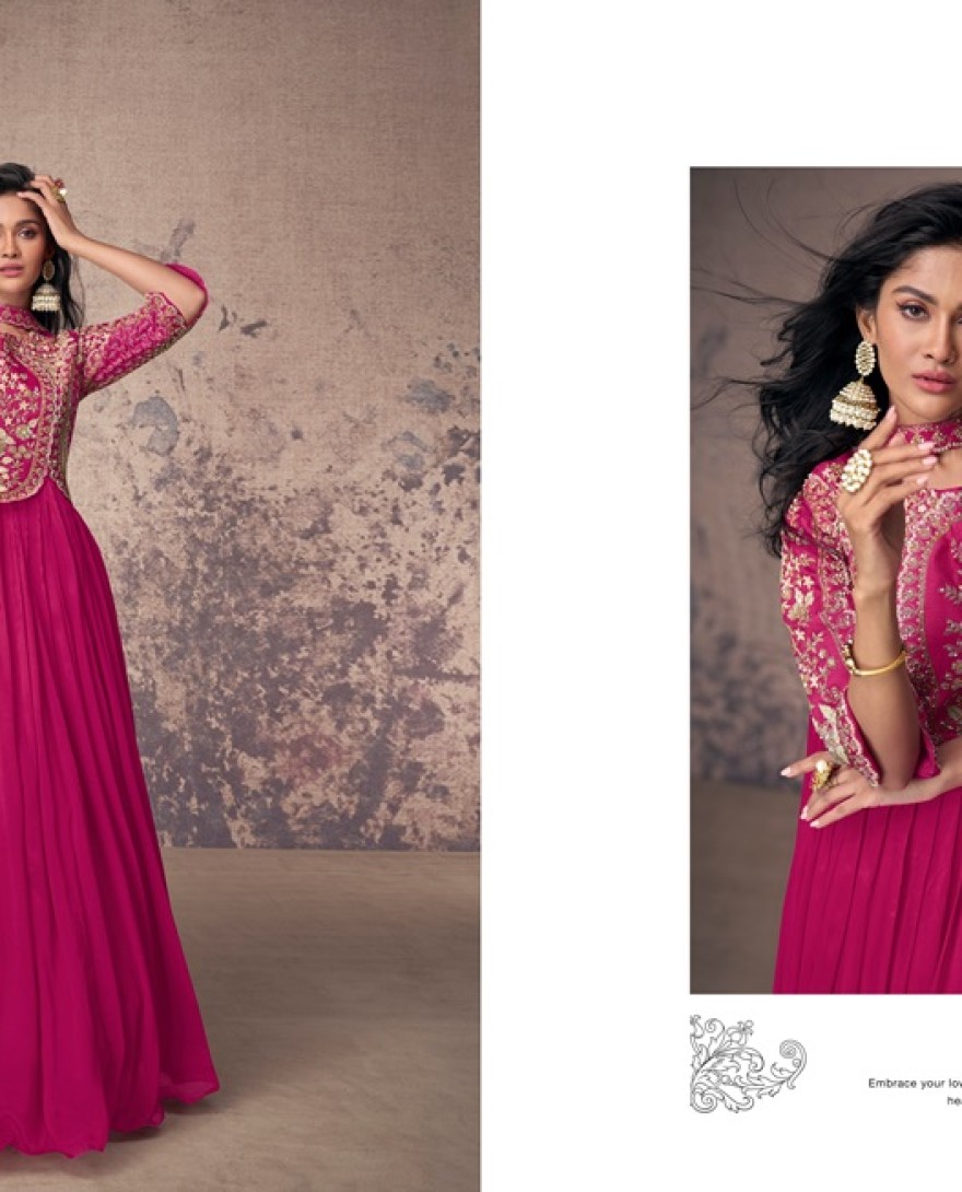 5548 - MAGENTA PINK ANARKALI GOWN IN CHINON SILK WITH EMBELLISHMENTS
